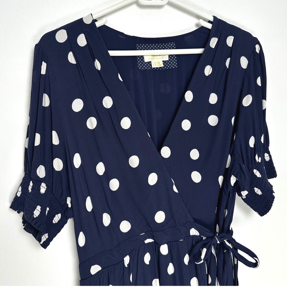 Maeve Anthropologie Polka Dot Wrap Dress Navy Blue White Midi Size 16 - Picture 6 of 11